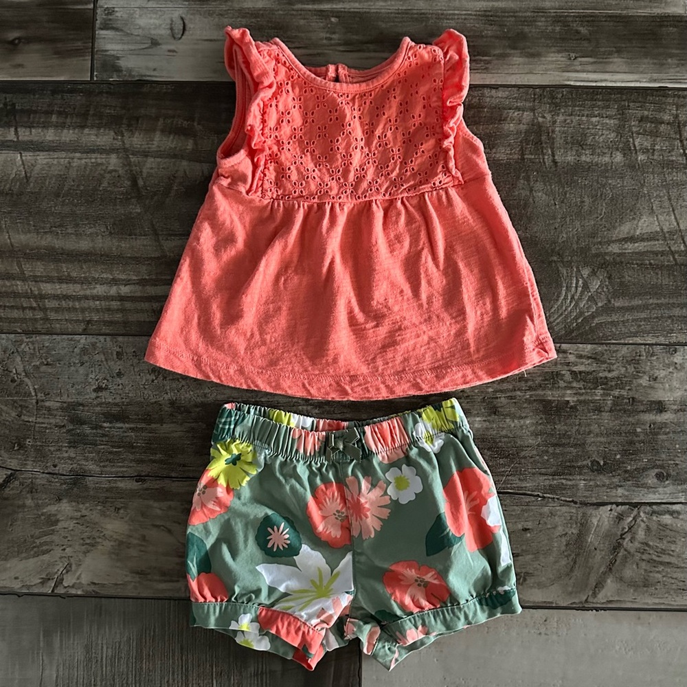 🌺 3/$15 Coral Top & Floral Shorts Set by Carter’s 🌺